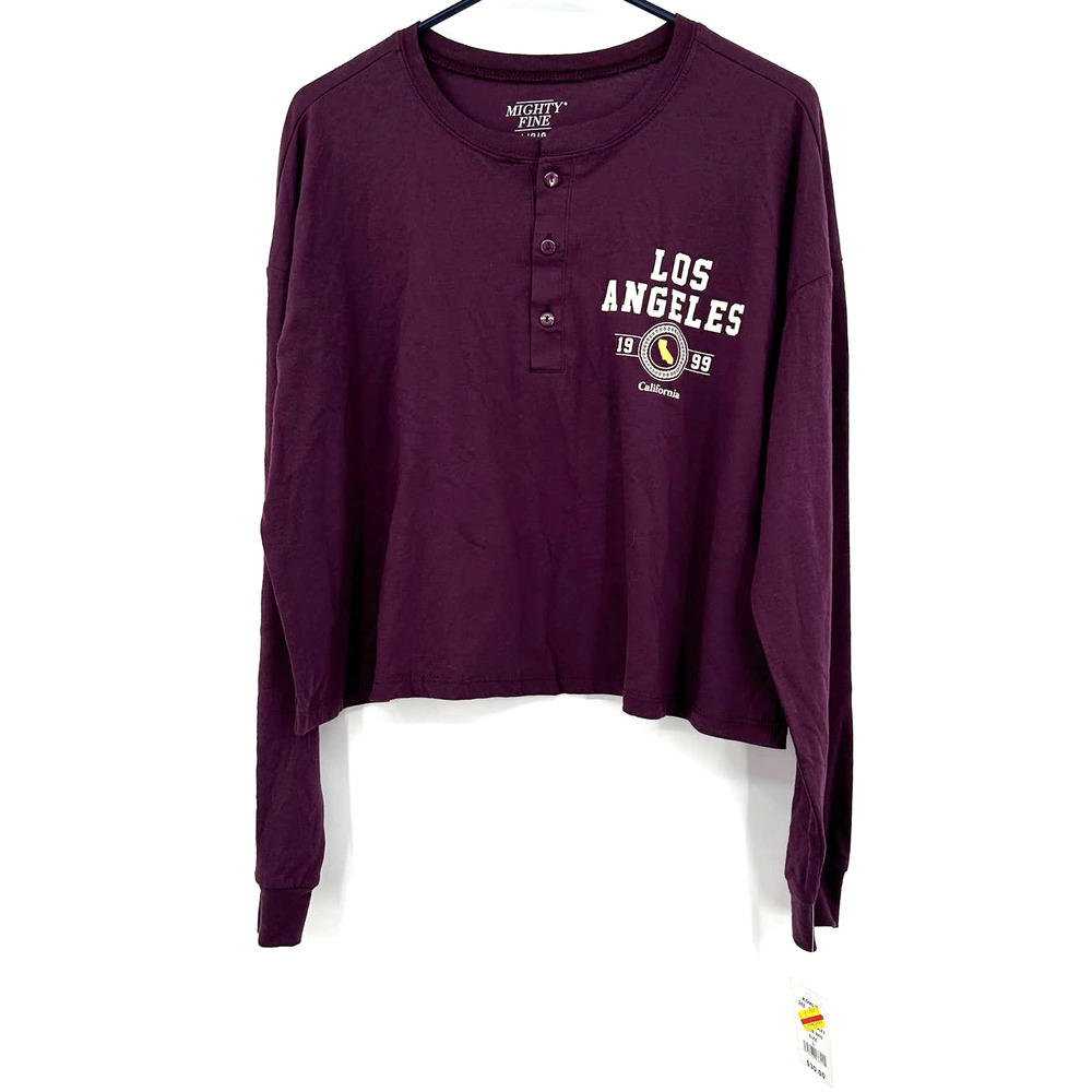 NWT Mighty Fine size Large long sleeve crop henley style shirt purple maroon